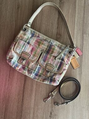 Coach Pastel Plaid Shoulder Bag with Gold Trim